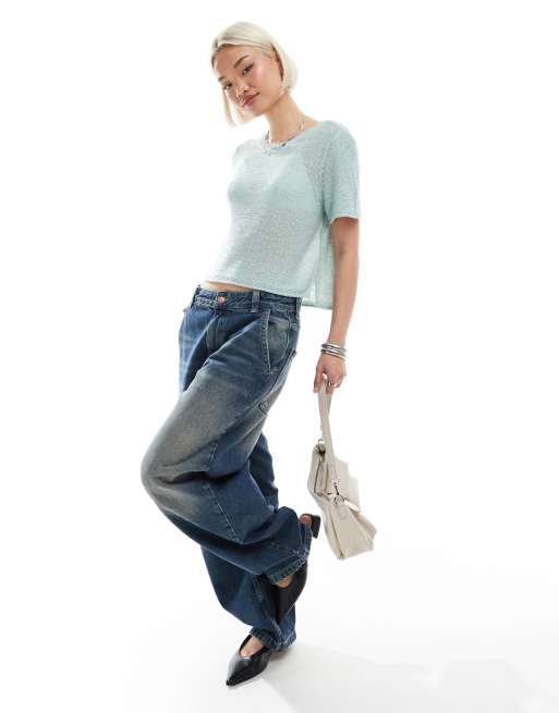 ONLY short sleeve knitted top in light blue, 3 of 4