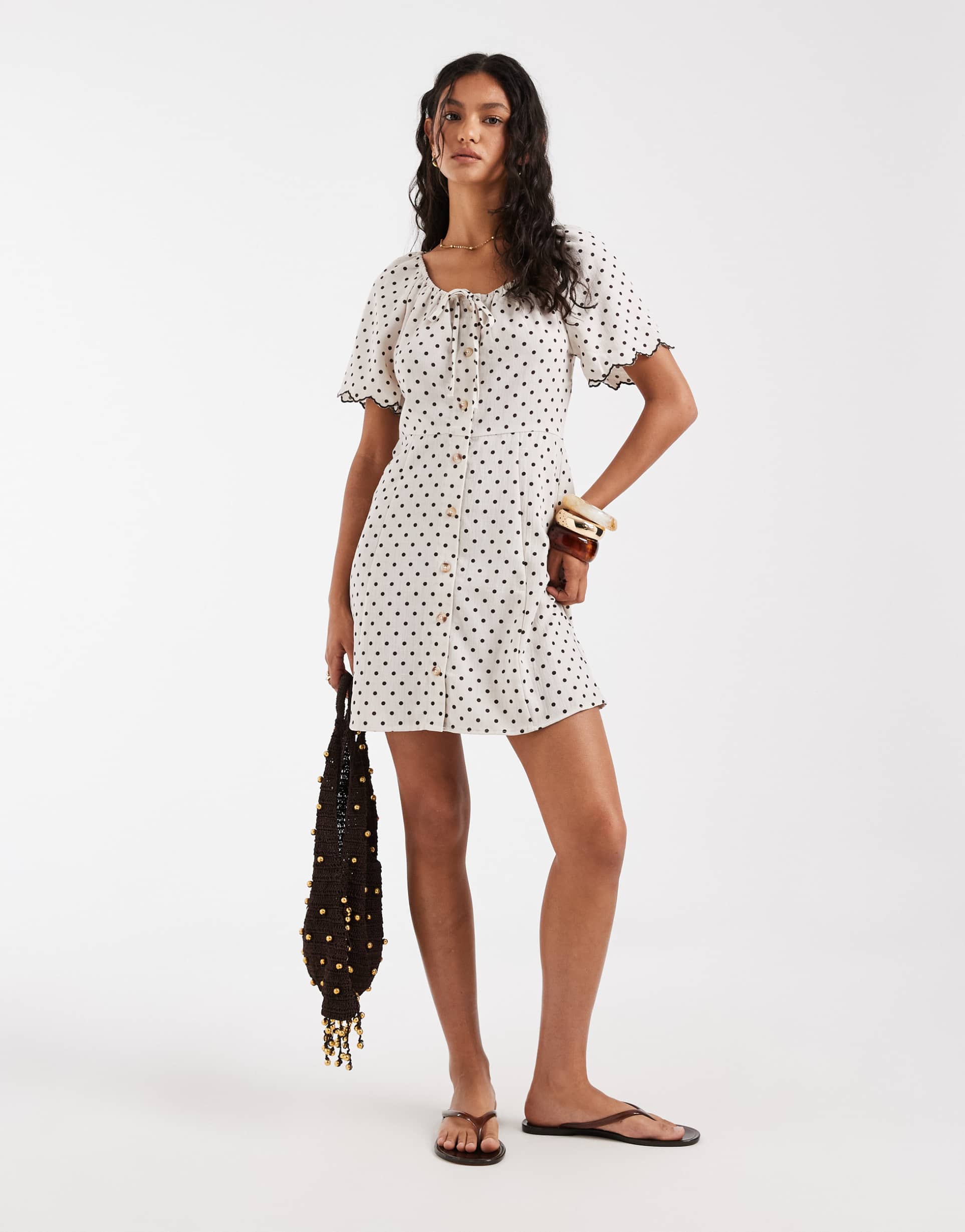 only short sleeve mini dress in white polka dots