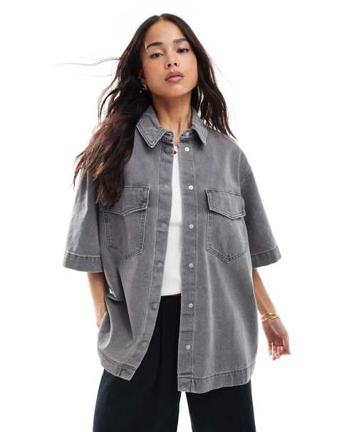 ONLY short sleeve oversized denim shirt with front pocket detail - view 1