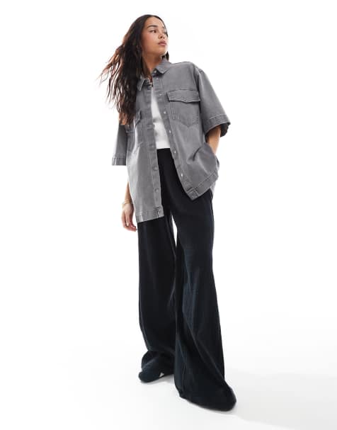 ONLY short sleeve oversized shirt with front pocket detail in grey denim - view 1