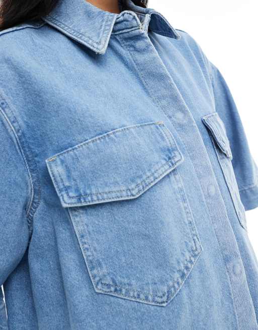ONLY short sleeve oversized shirt with front pocket detail in light blue, 3 of 4