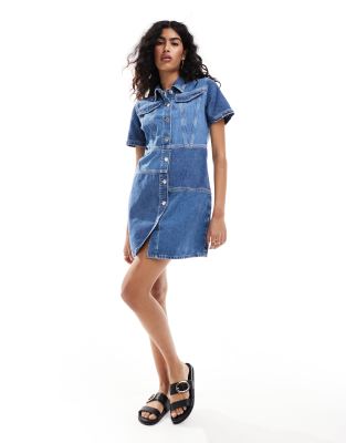 Only short sleeve patchwork denim mini dress in blue | ASOS