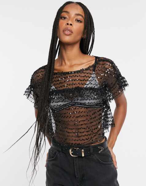 Only short sleeve sequin top in black