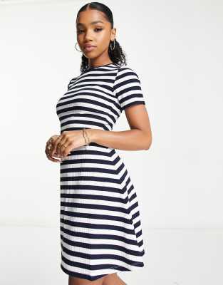 Only short sleeve skater dress in navy stripe