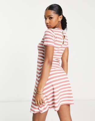 Only Short Sleeve Skater Dress In Orange Stripe