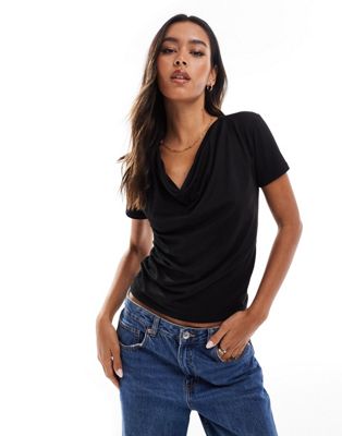 ONLY short sleeve waterfall neck top in black