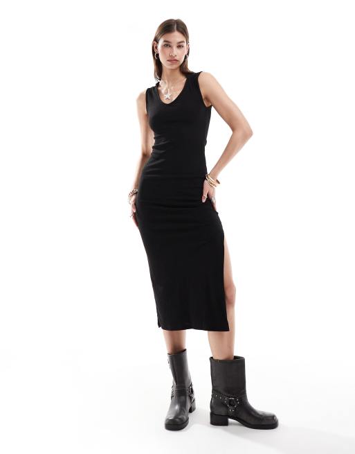 ONLY side slit ribbed maxi dress with hood in black | ASOS