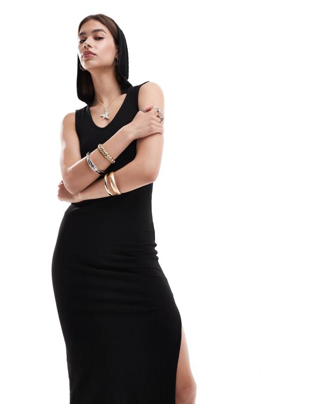 ONLY - side split ribbed maxi dress with hood in black