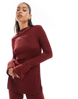 side split textured top in dark red - part of a set