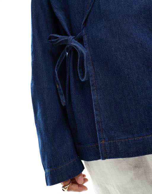 ONLY side tie detail denim jacket in dark blue ASOS