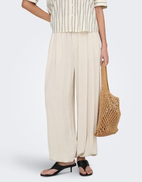 ONLY Siesta mid waisted baggy barrel leg linen blend trousers in grey - view 1
