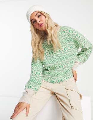 Only sigrun fairisle balloon sleeve jumper in green - ASOS Price Checker