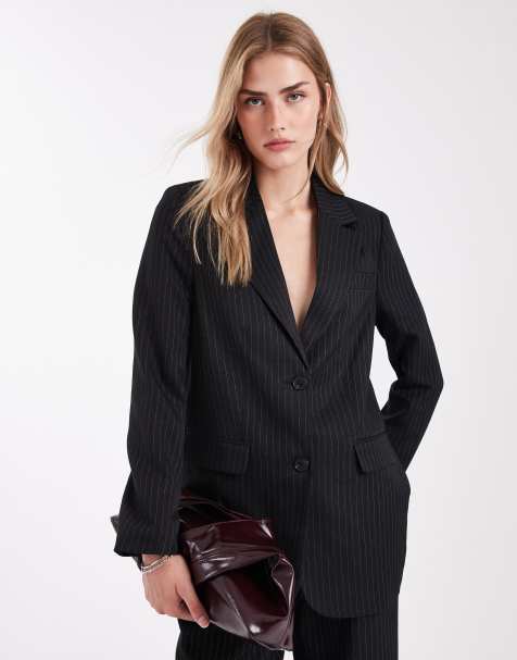 ONLY single breasted oversized blazer co-ord in black pinstripes - view 1