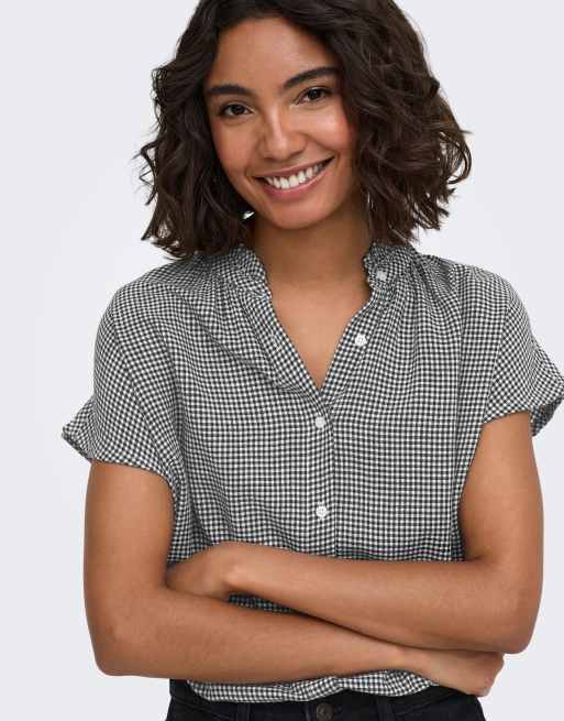 ONLY Sitala china collar short sleeve top in black, 5 of 7