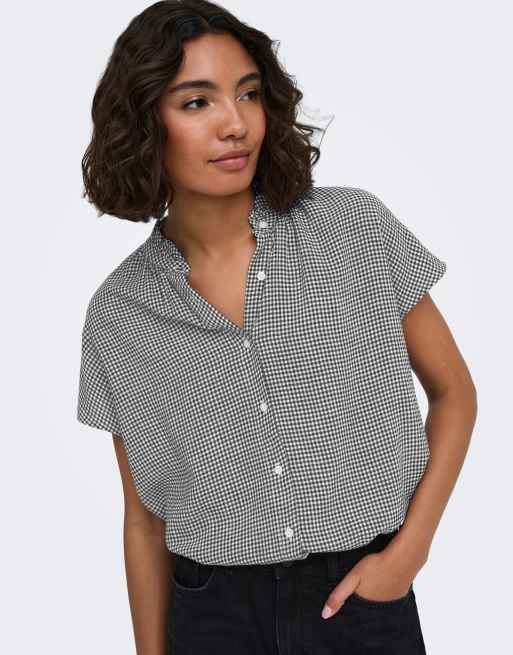 ONLY Sitala top a maniche corte con colletto alla coreana nero, 4 di 7