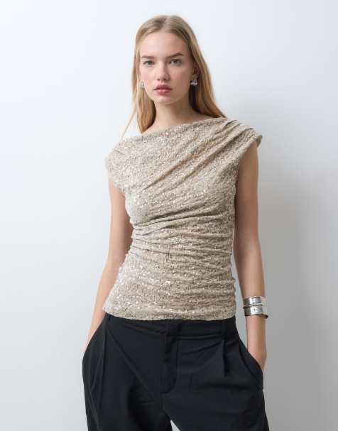 ONLY slash neck ruched sequin top co-ord in beige - view 1