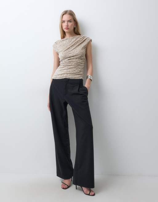 ONLY slash neck ruched sequin top co-ord in beige, 2 of 5