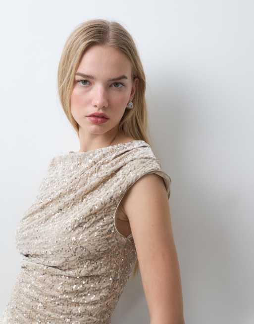 ONLY slash neck ruched sequin top co-ord in beige, 3 of 5