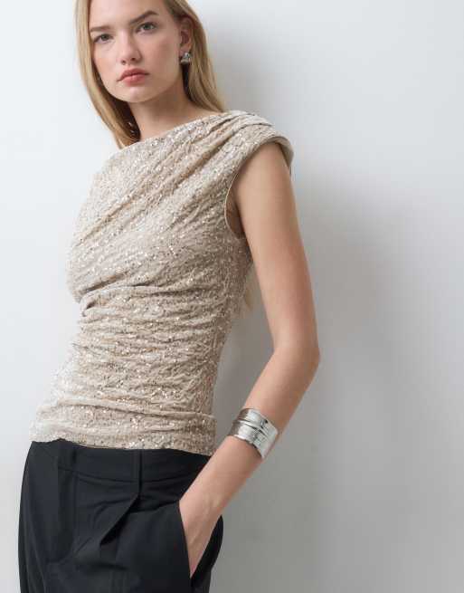 ONLY slash neck ruched sequin top co-ord in beige, 4 of 5