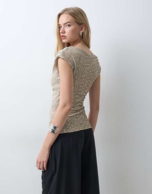 ONLY slash neck ruched sequin top co-ord in beige, 5 of 5