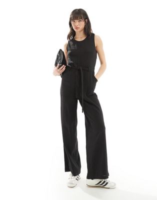 Only Sleeveless Belted Linen Mix Jumpsuit In Black