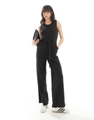 sleeveless belted linen mix jumpsuit in black