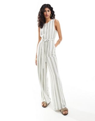 ONLY sleeveless belted linen mix jumpsuit in cream and sage stripe