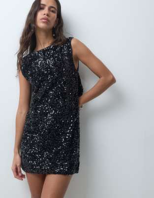 Only Sleeveless Bow Back Sequin Mini Dress In Black