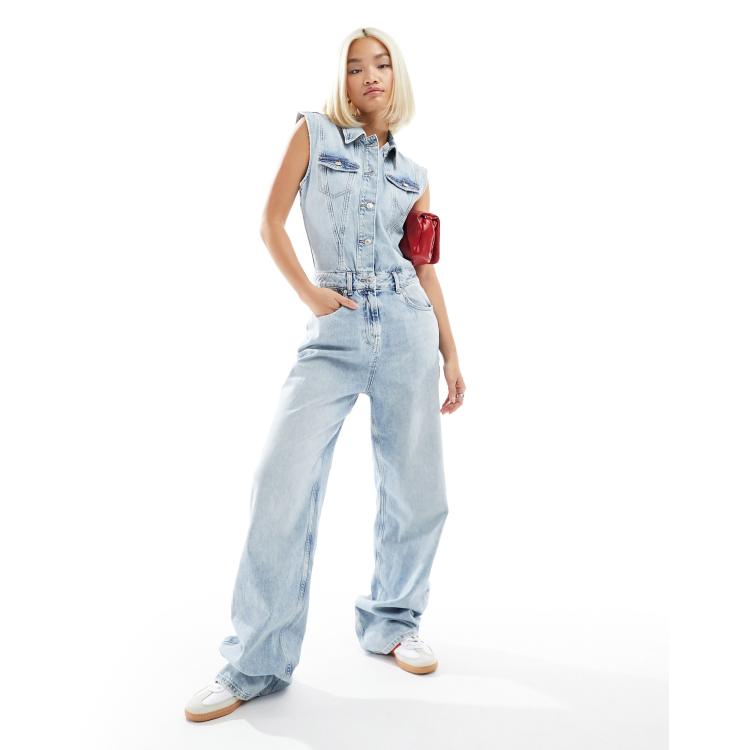 Only sleeveless denim jumpsuit in light blue | ASOS