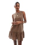 [ONLY] ONLY sleeveless drop hem mini dress in brown and black check 6 BROWN