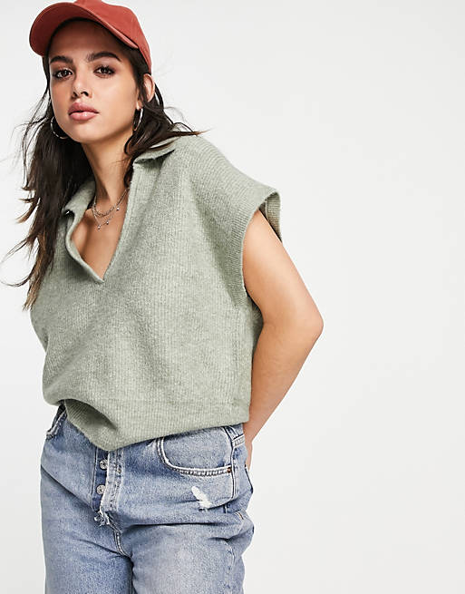 Only sleeveless knitted polo top in light green | ASOS
