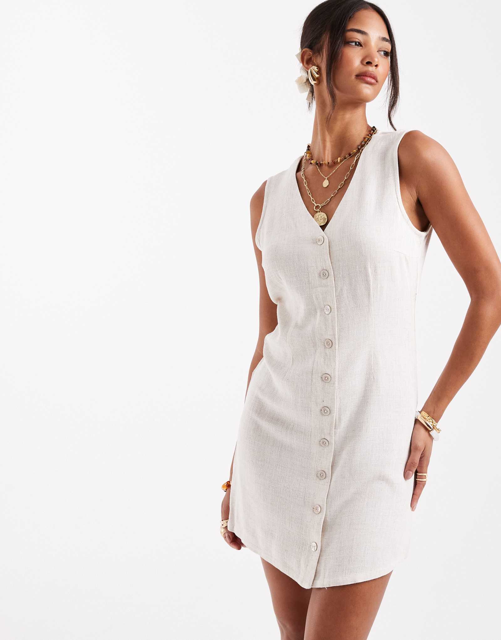 ЕДИНСТВЕННОЕ мини-платье из льняной смеси кремового цвета без рукавов