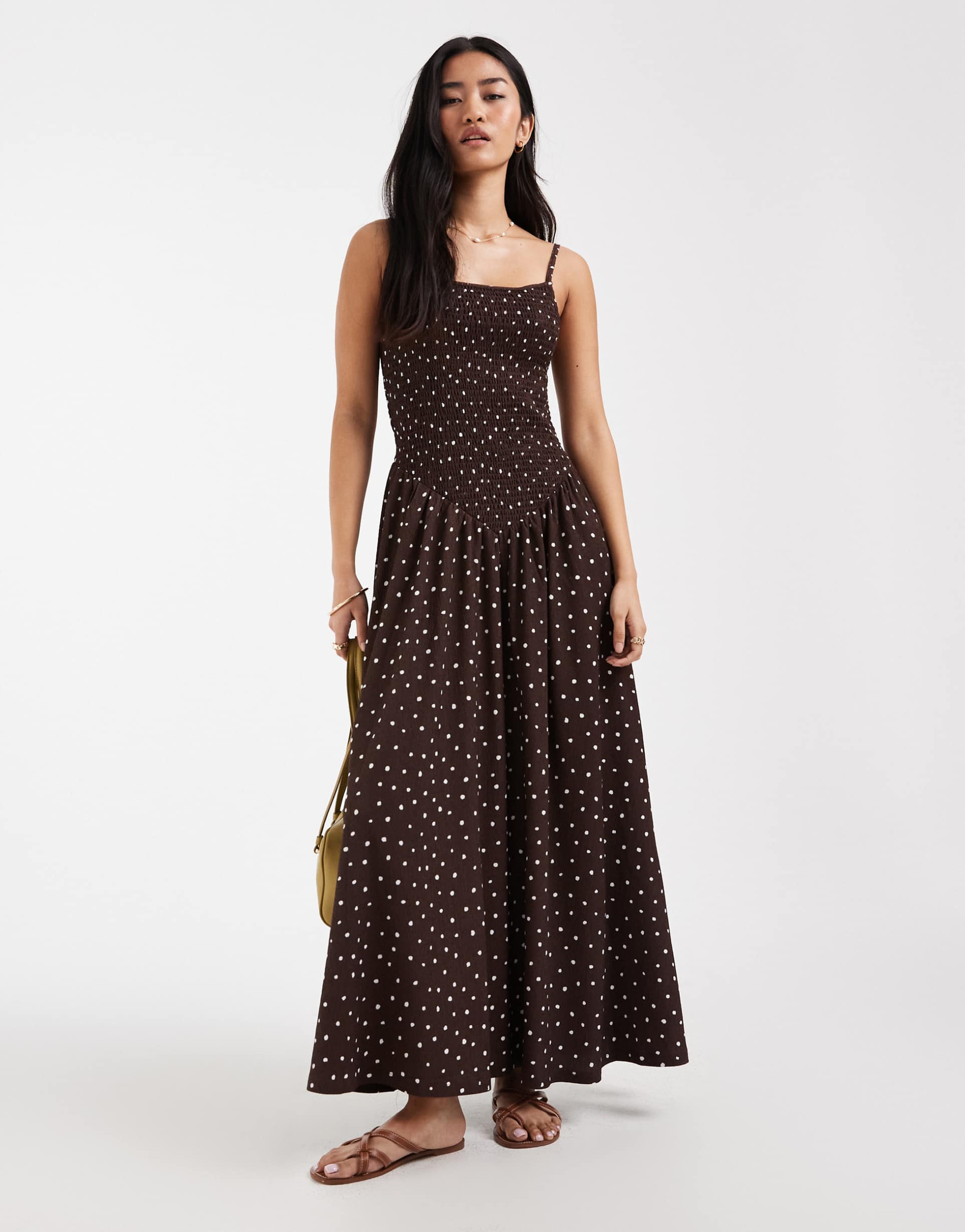 only sleeveless maxi dress with shirring in brown polka dots