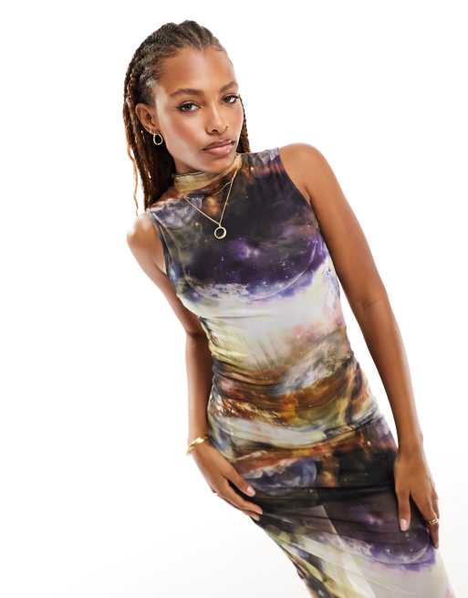 Only sleeveless mesh midi dress in galaxy print 