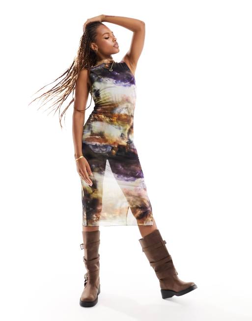 Only sleeveless mesh midi dress in galaxy print