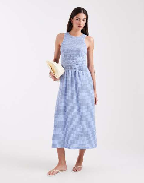 ONLY sleeveless midaxi smock dress in blue gingham