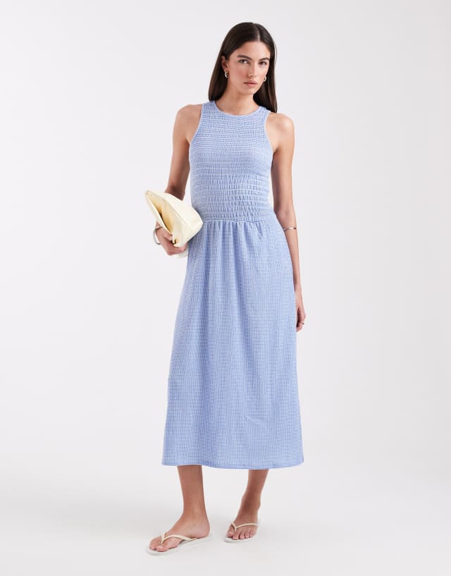 blue gingham smock dress ONLY - Midaxi - Women - Polyester/Spandex - 4 US Color:Brushed Satin Nickel Black Drawstring Sides Cover-Up breezy feel thats ideal dress wedding prom gown dress