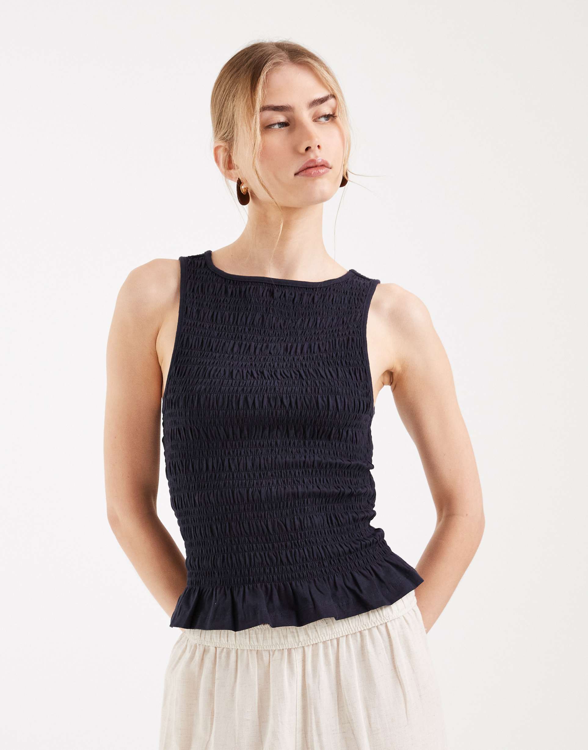 only sleeveless shirred smock top in navy