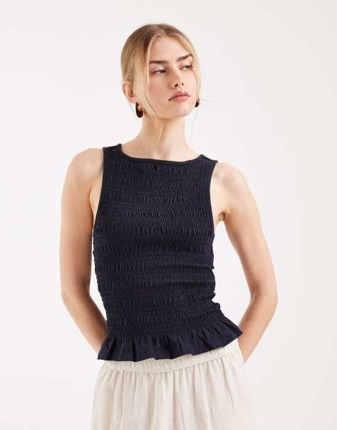 ONLY sleeveless shirred smock top in navy