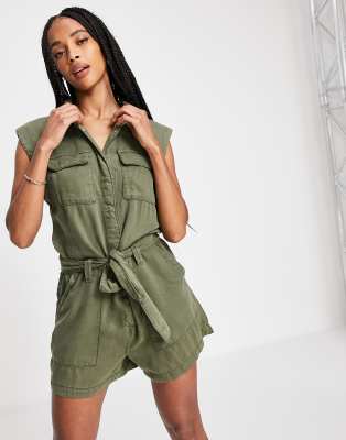 Only sleeveless utility playsuit in khaki-Green