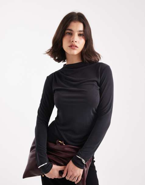 ONLY slinky long sleeve top with ruched neck detail in charcoal - view 1