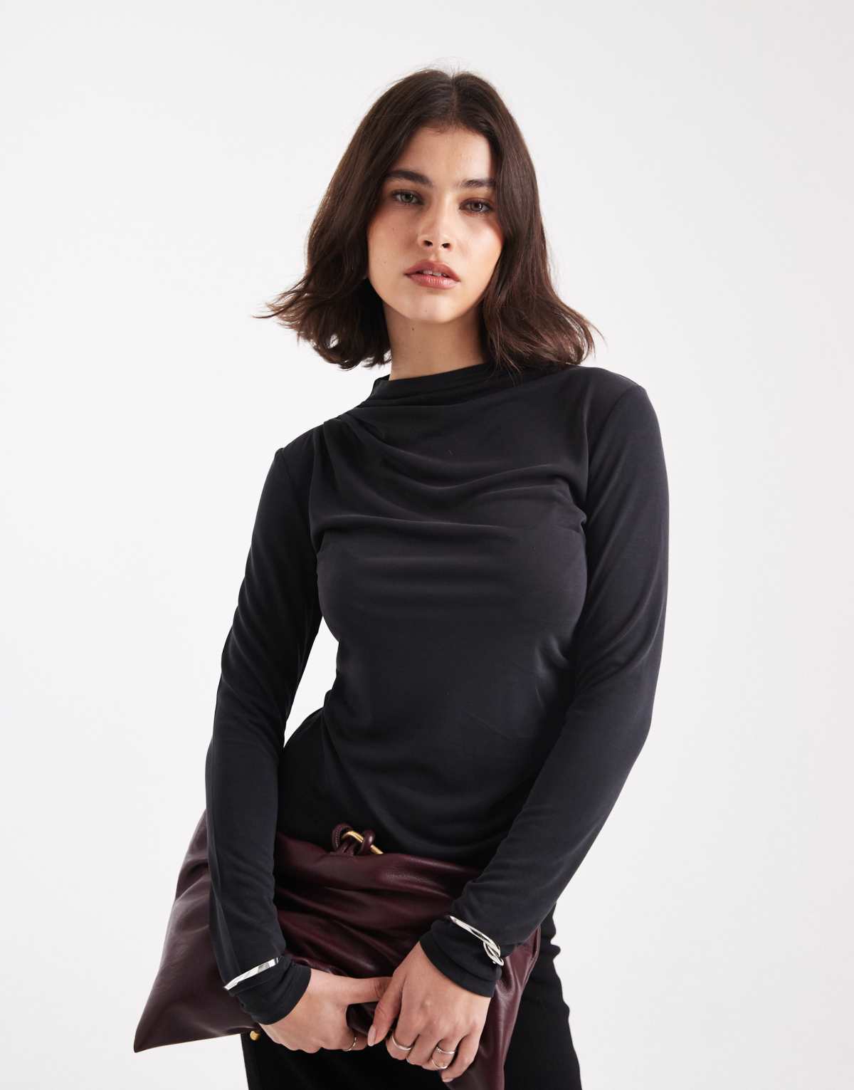 ONLY slinky long sleeve top with ruched neck detail in charcoal
