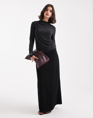 Only Slinky Long Sleeve Top With Ruched Neck Detail In Black