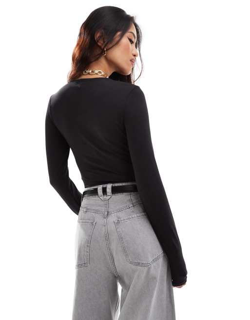 ONLY slinky seamless long sleeve bodysuit in black, 2 of 4