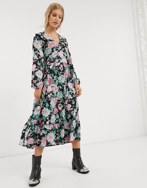 Only midi smock dress with ruffle detail in floral print