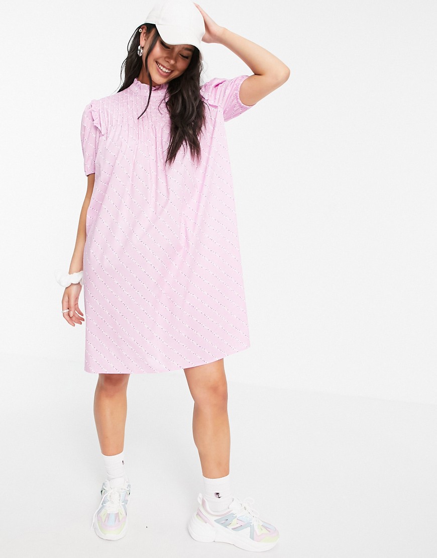 Only smock mini dress with puff sleeve and shirred neck in pink print