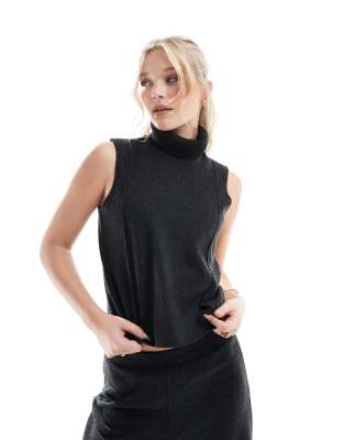 ONLY ONLY soft texture turtleneck sleeveless top co-ord in dark grey