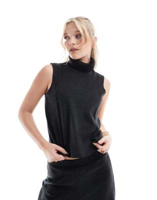 soft texture turtleneck sleeveless top in dark gray - part of a set