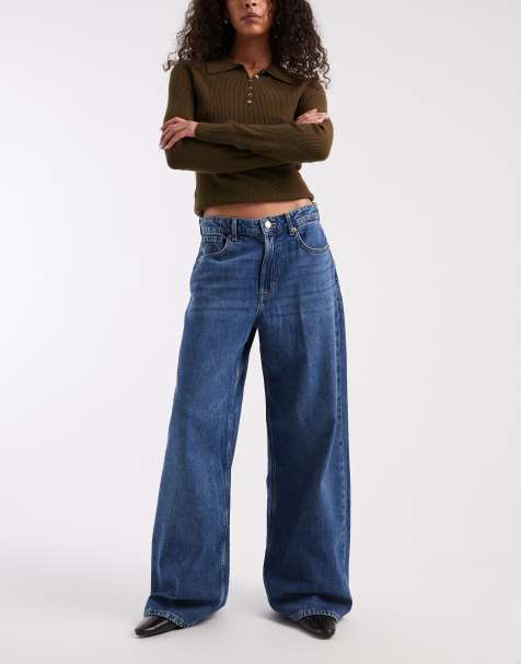 ONLY soft touch high waist wide leg jeans in mid blue