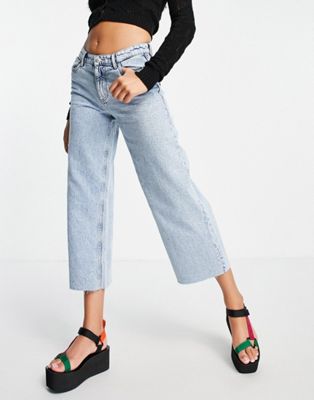 Only Sonny cropped wide leg jeans with high waist in light blue - ASOS Price Checker